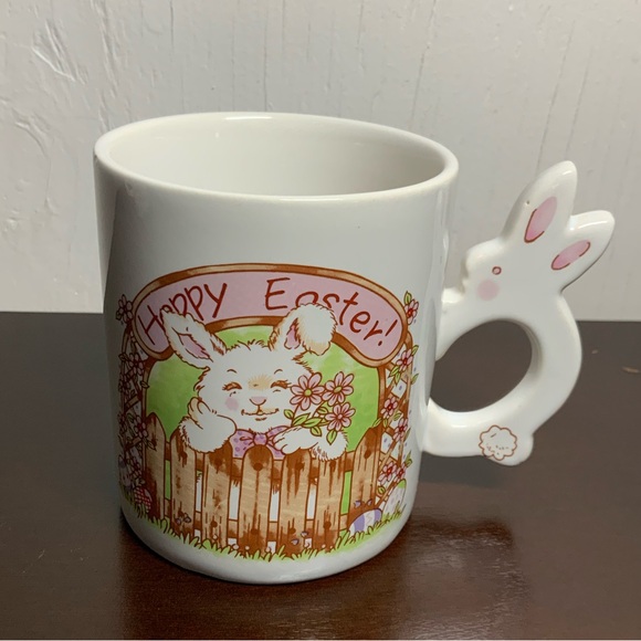 Vintage Other - Vintage Taiwan Happy Easter White Bunny Handle Mug Floral Rabbit Cottagecore